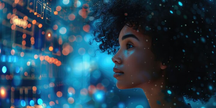 Mixed race black african american female IT specialist analysing artificial intelligence threats to consumer data and privacy leaks.  - Powered by Adobe