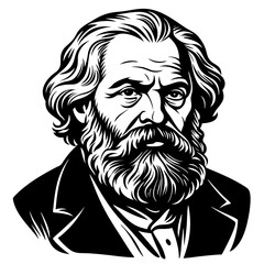 A sketch of a man with a beard and long hair, depicted in black and white