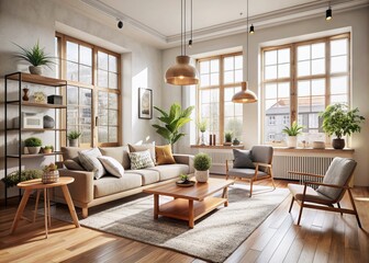 Bright and airy modern living room in Japandi style with wooden accents, plaster walls, and natural light pouring in through large windows in a Scandinavian apartment.