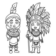 Native American couple cartoon line art