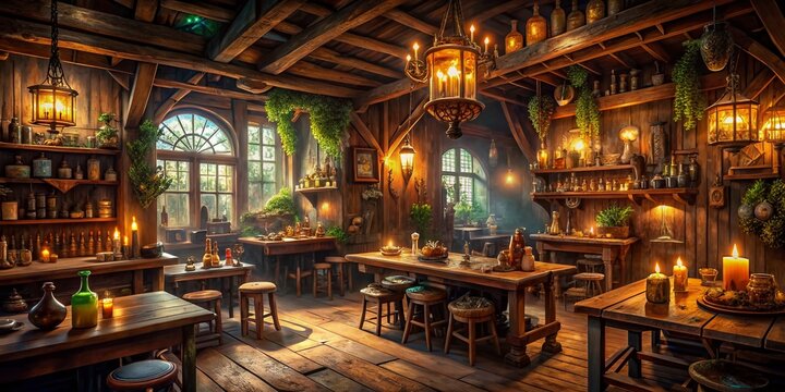 A warm, dimly lit tavern interior filled with rustic wooden decor, mystical artifacts, and fantastical creatures, evoking a sense of wonder and ancient wisdom.