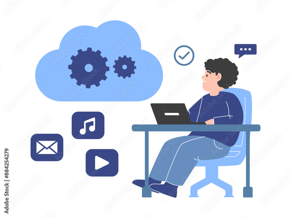 Poster cloud based engine system administrator connect to online file sharing system using laptop