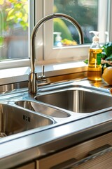 A shiny stainless steel kitchen sink with dual basins is located in front of a sunlit window. There is a bottle of dish soap and some produce on the countertop.