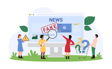 Fake news, false information and lies spreading in website, TV or social media. Tiny people with magnifying glass verify facts on computer screen, control disinformation cartoon vector illustration