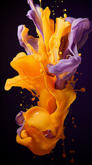 Yellow Fluid Paint Drained on Purple Background, Abstract Image, Texture, Pattern Background, Wallpaper, Cover and Screen of Smartphone, Cell Phone, Computer, Laptop, Format 9:16 and 16:9