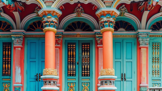 Peranakan architecture features ornate details, vibrant colors, and intricate designs blending Chinese and Malay influences.