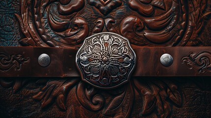 A western-inspired tooled leather waist belt with silver conchos, positioned against a backdrop of rich chocolate brown, adding a touch of cowboy chic to denim ensembles.