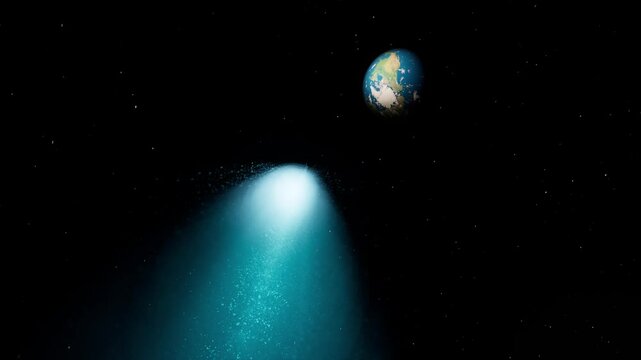 A comet with an icy tail flies past the Earth in outer space. 3D animation.