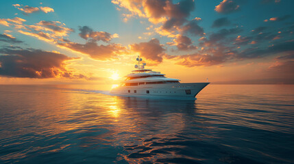 A luxurious white yacht sailing on a vast expanse of ocean. The yacht's sleek design is evident from its smooth hull and large windows. The sun is setting on the horizon, casting a golden hue