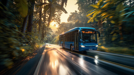 Obraz premium A modern blue bus speeding along a road surrounded by lush green trees. The sun is setting or rising, casting a warm golden hue over the scene. The bus appears to be in motion