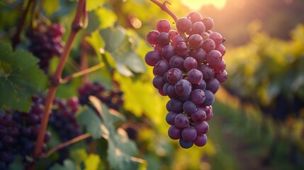Vibrant Cluster of Purple Grapes Hanging on a Vine in a Sunlit Vineyard during Golden Hour