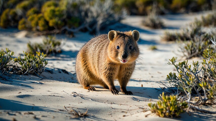 Obraz premium Quokka foraging on sun-drenched Rottnest Island beach