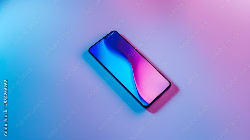 Poster abstract, colorful gradient background is displayed on a smartphone lying on a surface