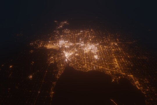 Aerial view on Detroit (USA) from east. Satellite view on modern city at night - Powered by Adobe
