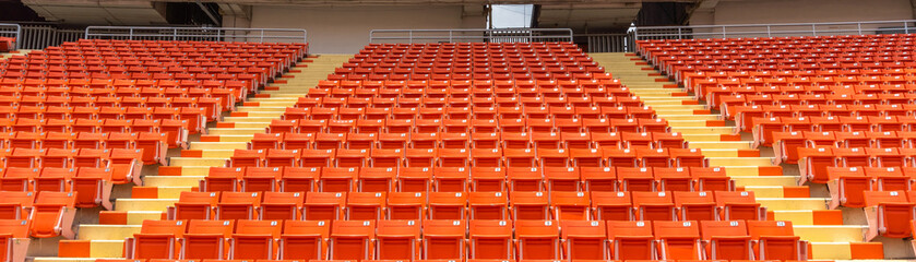 Stadium seat rows, sports background in arena for football or soccer game, public theatre, concert hall amphitheater with empty audience chair for outdoor sporty recreation © Chinnapong