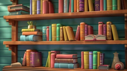 Bookshelf filled with various colorful books, some stacked and some standing upright. There is a small green plant and a decorative item resembling a pineapple on the shelf