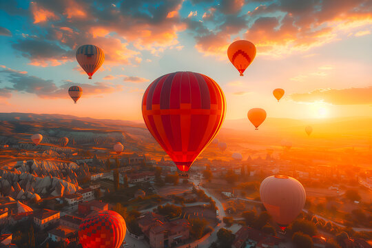 Ballon dirigeable au-dessus d'un paysage imaginaire au coucher de soleil