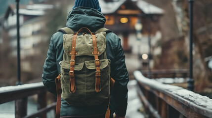 Obraz premium Person with a backpack walking on a wooden bridge in a quaint village, suggesting travel and exploration. The serene setting reflects adventure and discovery.