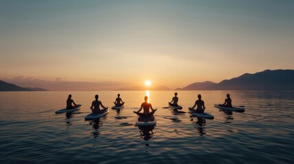 Silhouettes of people meditating on paddle boards at sunset.