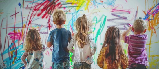 Five children stand facing a wall covered in colorful, abstract drawings. They appear to be engrossed in their artwork, each adding their own creativity.