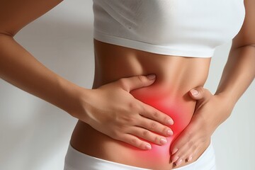 Woman with Abdominal Pain Holding Stomach in Red Highlighted Area