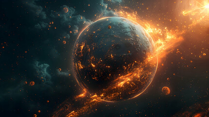  A dystopian solar planet experiencing the effects of a massive coronal mass ejection, with fiery explosions and atmospheric disturbances 