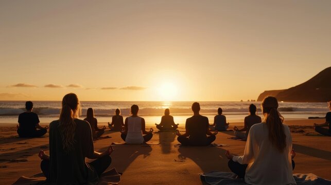 Group of people meditating on the beach at sunset.
