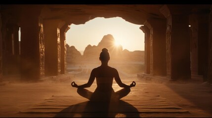 A person practicing yoga in an ancient ruin site, Realistic, Earthy tones, High resolution, Late afternoon light highlighting history and tranquility