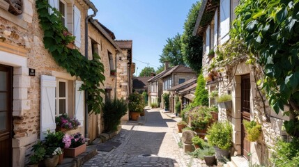 A quaint village in the French countryside, with cobblestone streets and charming stone cottages, under a clear blue sky