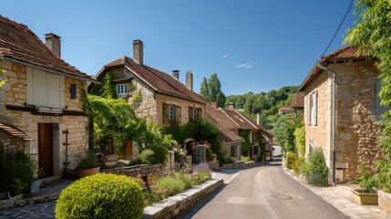 A quaint village in the French countryside, with cobblestone streets and charming stone cottages, under a clear blue sky