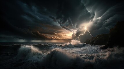 A stormy seascape with waves crashing against rugged cliffs, dark clouds and lightning strikes enhancing the dramatic mood