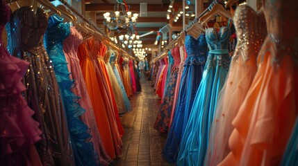 Colorful Array of Evening Gowns on Display in a Boutique, Showcasing a Wide Range of Elegant and Stylish Options for Formal Events and Celebrations