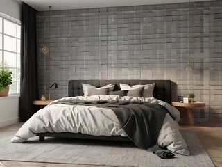 Light and Cute Bedroom Design with Empty White Wall - 3D Illustration