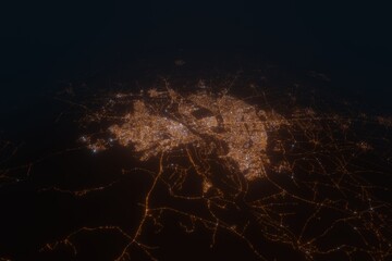 Aerial view on Mosul (Iraq) from south. Satellite view on modern city at night