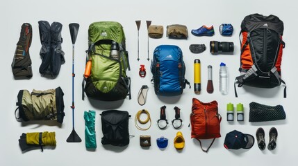 Exciting backpacking trip preparation with neatly organized gear on white floor, capturing anticipation for outdoor trek