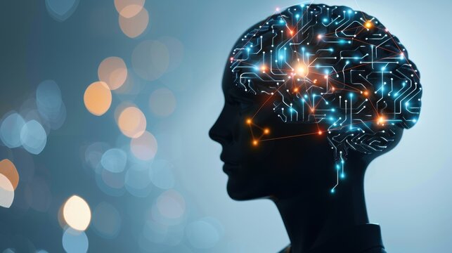 Human silhouette with brain circuits and light signals, depicting conscious awareness and analytical pathways