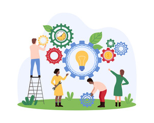 Success business challenge and creative idea, entrepreneurship. Tiny people work with light bulb inside factory mechanism of gears, customize movement and interaction cartoon vector illustration