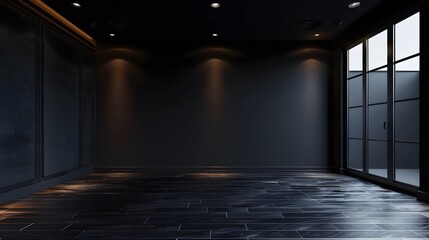 Fototapeta premium Dark black studio with gradient light in empty room background, showcase wall and floor interior for product display. 