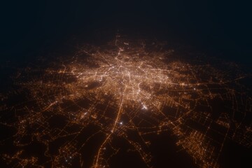 Aerial view on Bucharest (Romania) from south. Satellite view on modern city at night