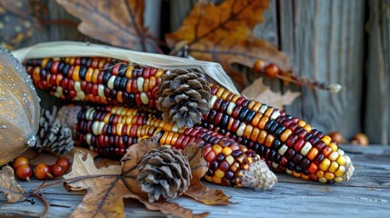 Colorful Indian corn with pinecones and autumn leaves on a rustic wooden surface, capturing the essence of fall and harvest season.