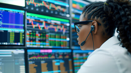 African American woman financial trader at work