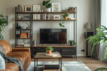 Modern Black and Dark Wood 6-Shelf Ladder Bookshelf with Metal Frame, Living Room Organizational Hub