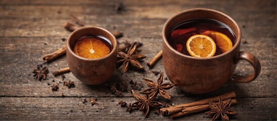 close-up wooden table cup tea it made ceramic