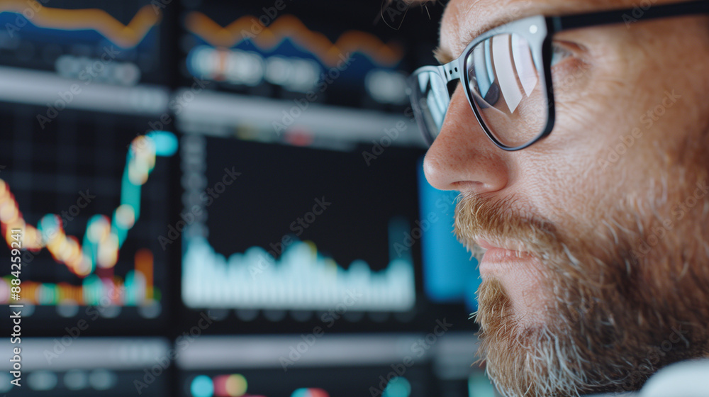Poster anonymous man analyzing charts