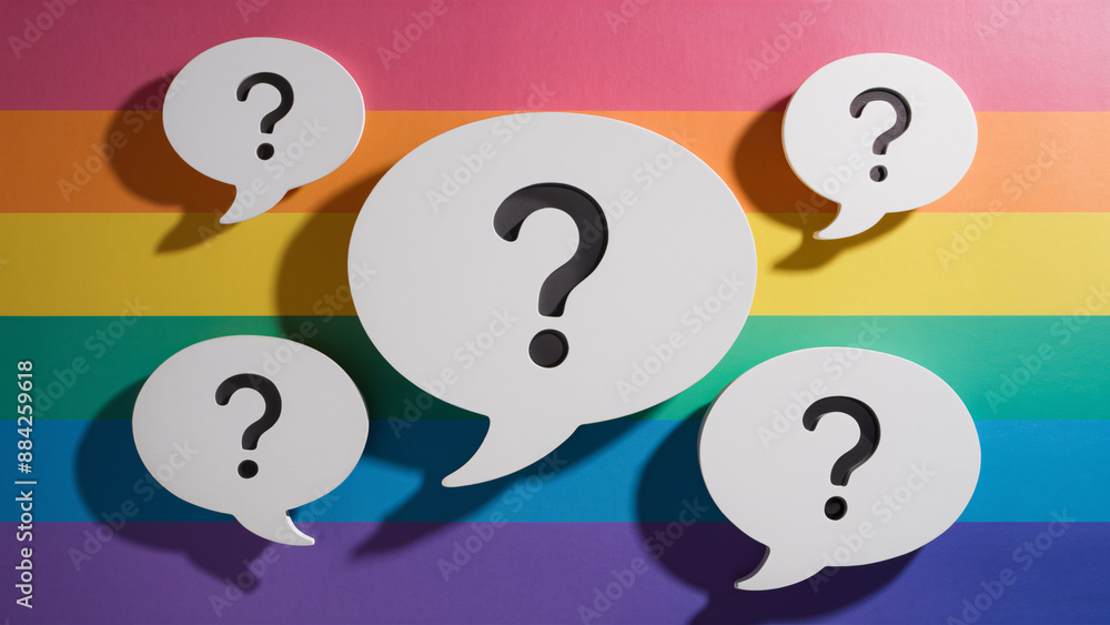 Poster multiple question mark speech bubbles on colorful rainbow striped background highlighting business s