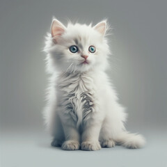 A fluffy white Persian kitten with big, round eyes gazes curiously at the camera