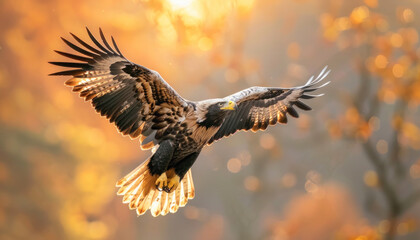 Obraz premium A bald eagle is soaring gracefully through the sky, its majestic wings outstretched