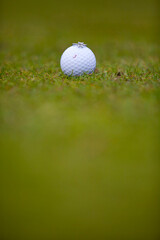 Golf ball with engagement ring on grass, symbolizing unique proposal