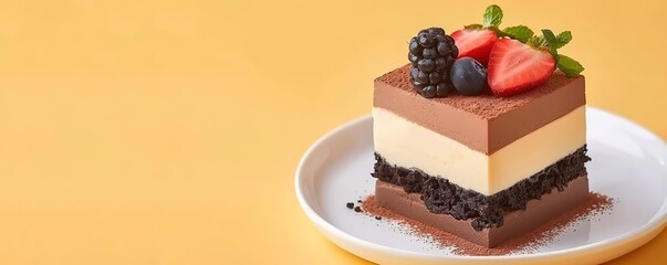 A layer cake with fruit topping on a white plate with a yellow background