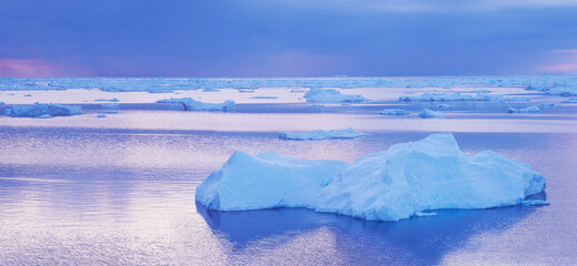 Antarctica, climate change and water with iceberg in ocean for cold ecosystem of environment in winter season. Earth, global warming and sky with frost on sea for conservation in mother nature